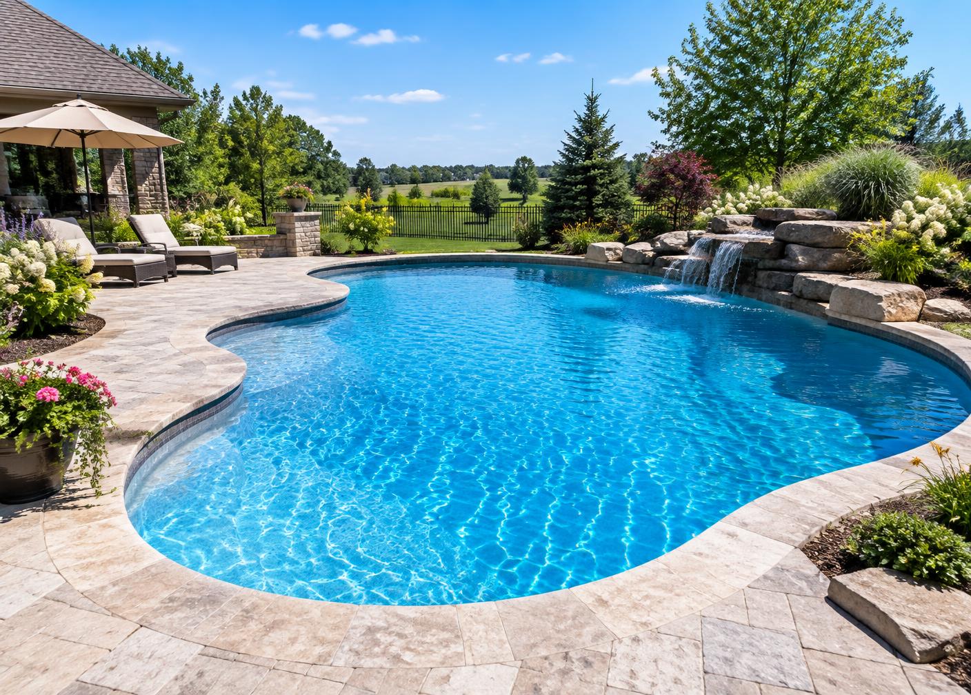 Finished fiberglass pool ready for summer at home