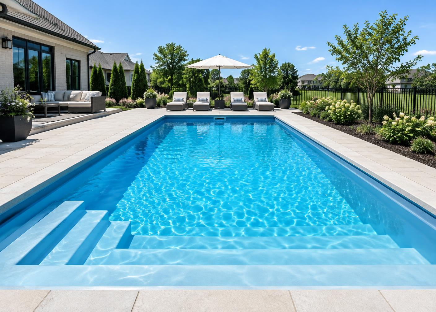 Modern fiberglass pool surrounded by a clean patio